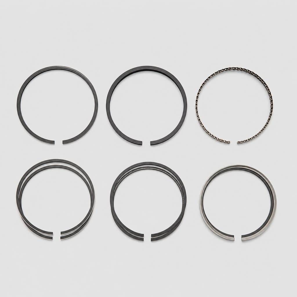 Jeu de segments de piston, vue d'ensemble sur fond neutre
