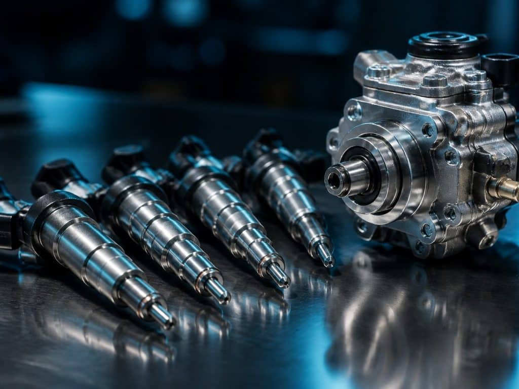 Injecteurs de carburant et pompe a carburant sur un etabli
